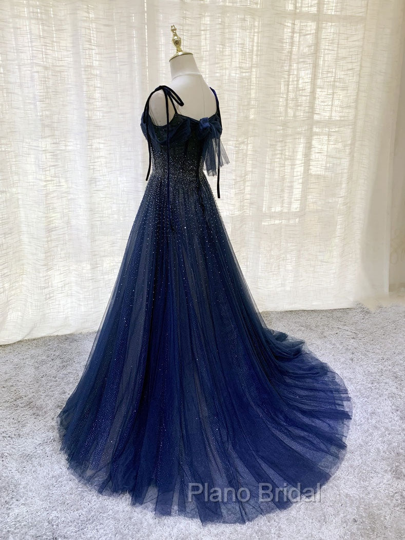 Dark Blue Tulle Sequin Long Formal Prom Dresses, Blue Tulle Formal Dresses