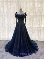 Dark Blue Tulle Sequin Long Formal Prom Dresses, Blue Tulle Formal Dresses
