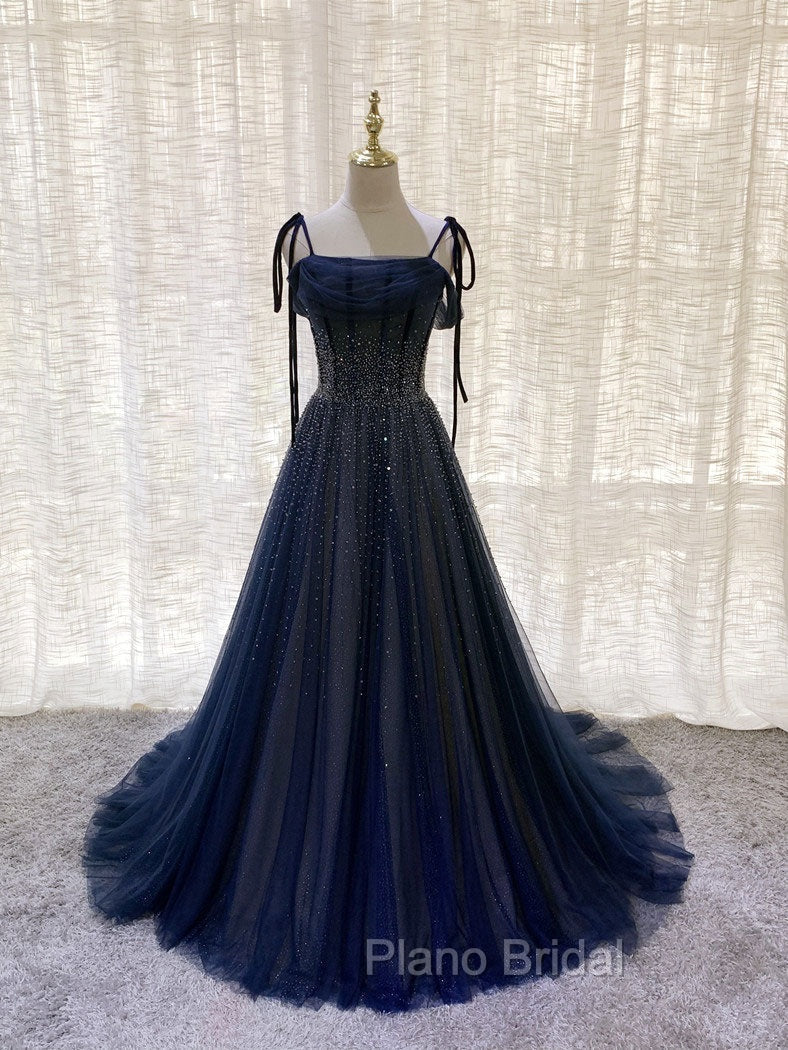 Dark Blue Tulle Sequin Long Formal Prom Dresses, Blue Tulle Formal Dresses
