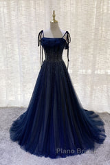 Dark Blue Tulle Sequin Long Formal Prom Dresses, Dark Blue Evening Dresses