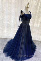 Dark Blue Tulle Sequin Long Formal Prom Dresses, Dark Blue Evening Dresses
