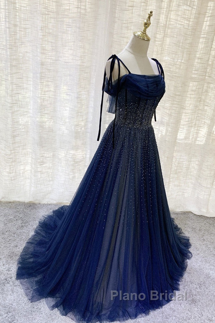 Dark Blue Tulle Sequin Long Formal Prom Dresses, Dark Blue Evening Dresses
