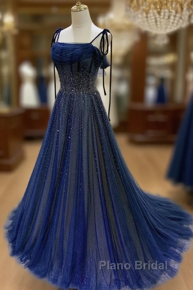 Dark Blue Tulle Sequin Long Formal Prom Dresses, Dark Blue Evening Dresses Main image