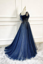 Dark Blue Tulle Sequin Long Formal Prom Dresses A Line Birthday Party Dresses