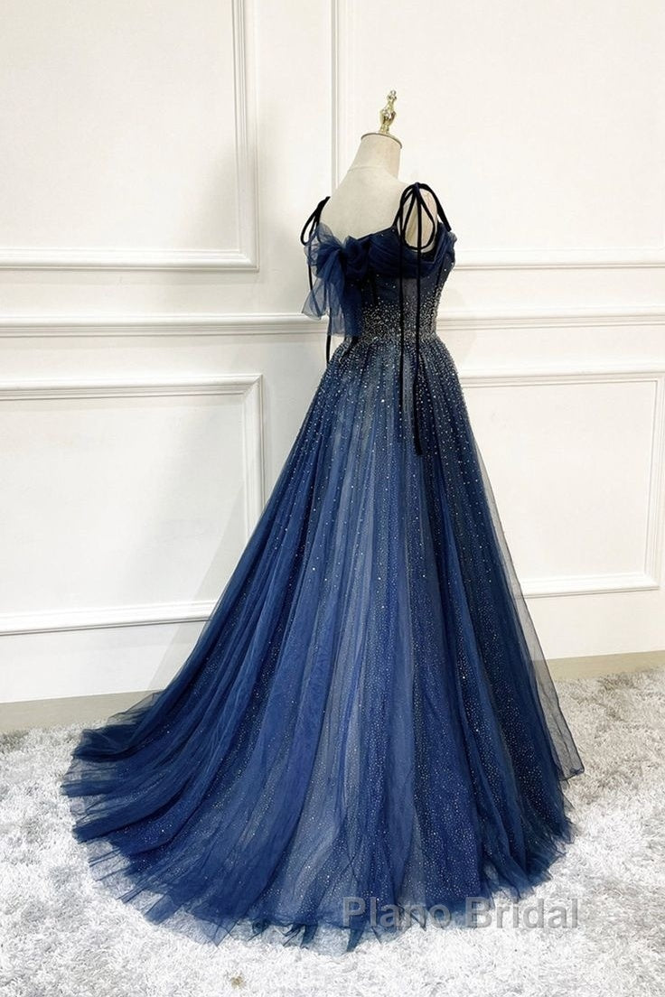 Dark Blue Tulle Sequin Long Formal Prom Dresses A Line Birthday Party Dresses