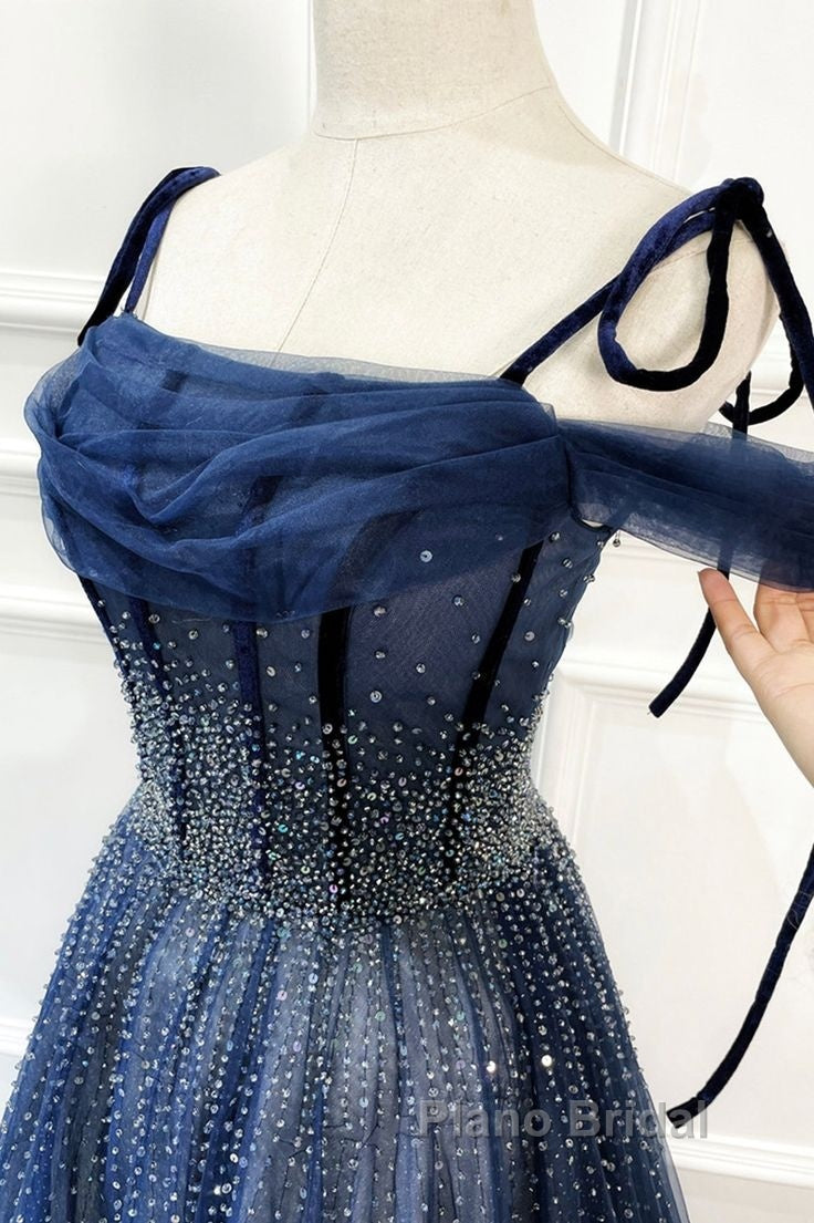 Dark Blue Tulle Sequin Long Formal Prom Dresses A Line Birthday Party Dresses