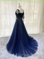 Dark Blue Tulle Sequin Long Formal Prom Dresses A Line Birthday Party Dresses