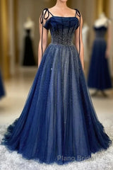 Dark Blue Tulle Sequin Long Formal Prom Dresses A Line Birthday Party Dresses
