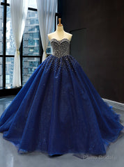 Dark Blue Tulle Sweetheart Beading Sequins Haute Couture Prom Dresses