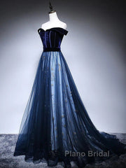 Dark Blue Tulle Velvet Long Formal Prom Dresses, Blue Evening Dresses