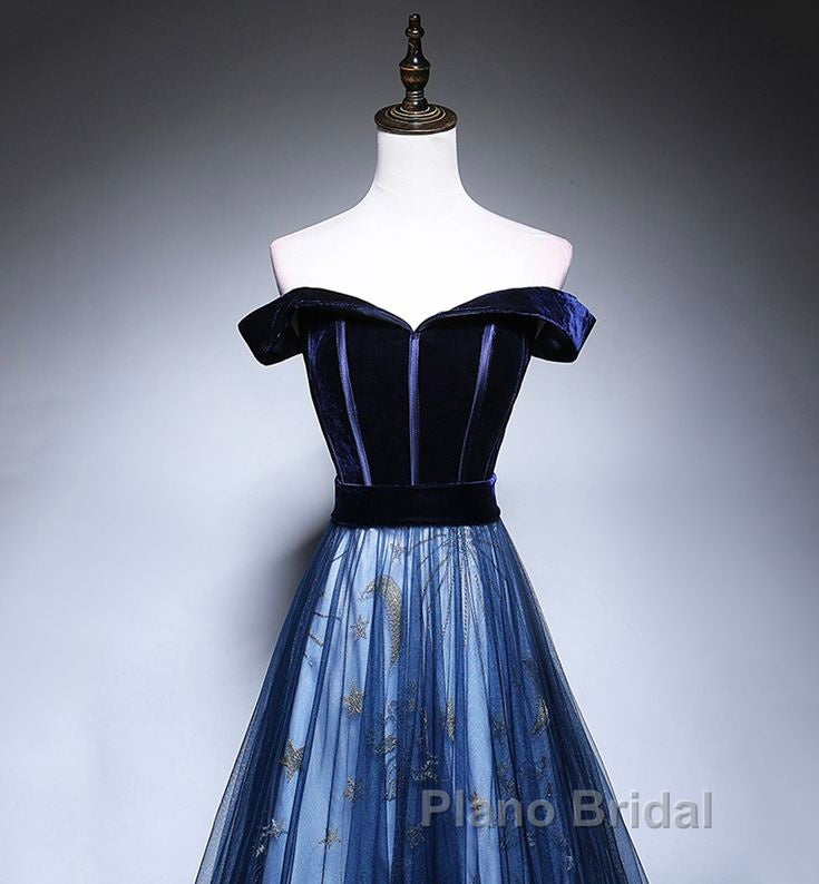 Dark Blue Tulle Velvet Long Formal Prom Dresses, Blue Evening Dresses