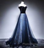 Dark Blue Tulle Velvet Long Formal Prom Dresses, Blue Evening Dresses
