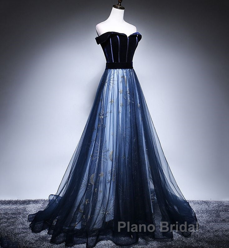 Dark Blue Tulle Velvet Long Formal Prom Dresses, Blue Evening Dresses