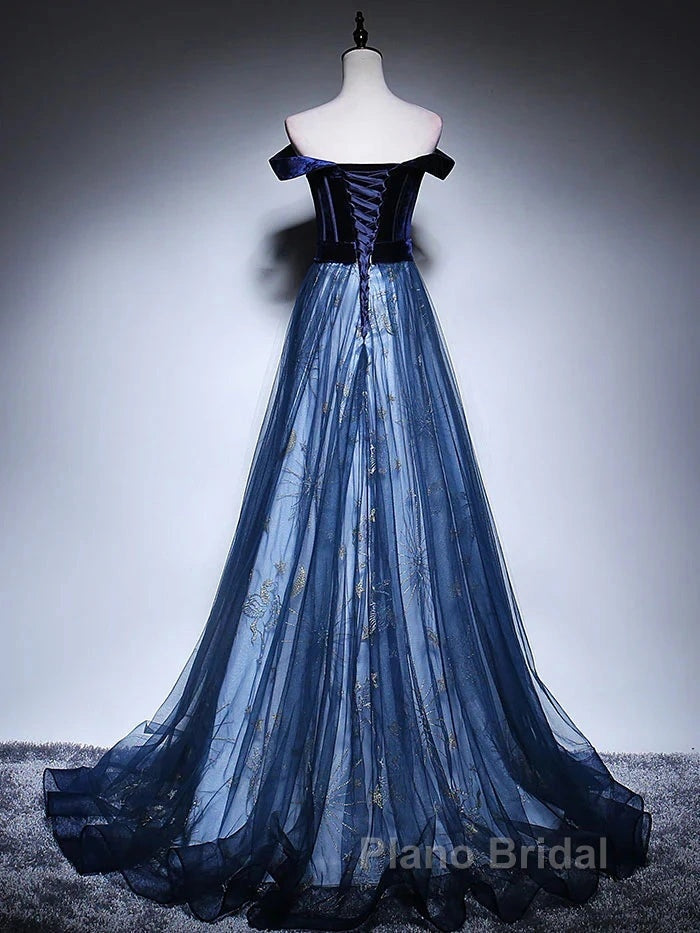 Dark Blue Tulle Velvet Long Formal Prom Dresses, Blue Evening Dresses