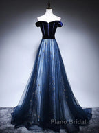 Dark Blue Tulle Velvet Long Formal Prom Dresses, Blue Evening Dresses