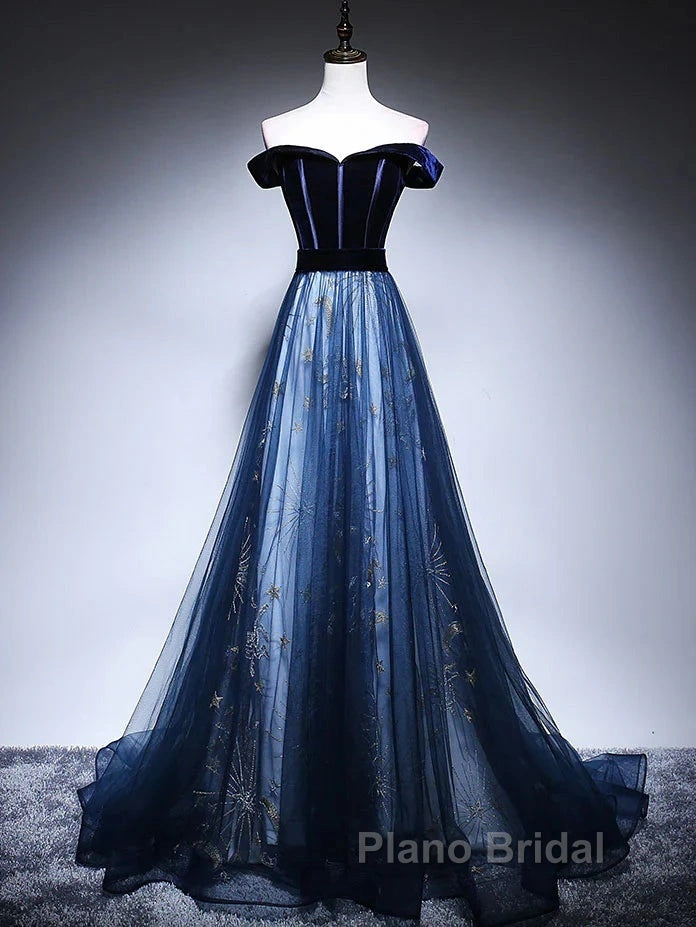 Dark Blue Tulle Velvet Long Formal Prom Dresses, Blue Evening Dresses
