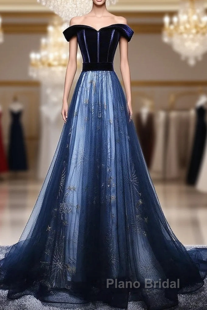 Dark Blue Tulle Velvet Long Formal Prom Dresses, Blue Evening Dresses Main image