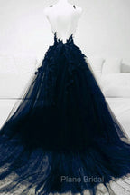 Dark Blue Tulle With Lace Long Evening Dresses, A-line Dark Blue Formal Prom Dresses