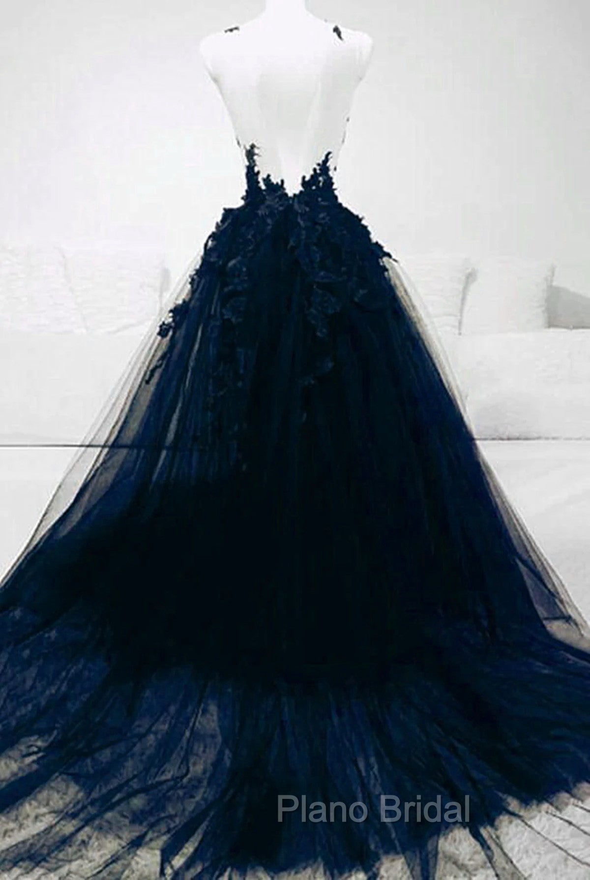 Dark Blue Tulle With Lace Long Evening Dresses, A-line Dark Blue Formal Prom Dresses