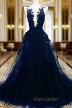 Dark Blue Tulle With Lace Long Evening Dresses, A-line Dark Blue Formal Prom Dresses