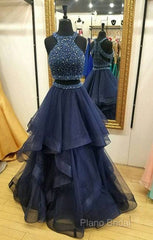 Dark Blue Two Pieces Beads Long Formal Prom Dresses, Formal Dresses