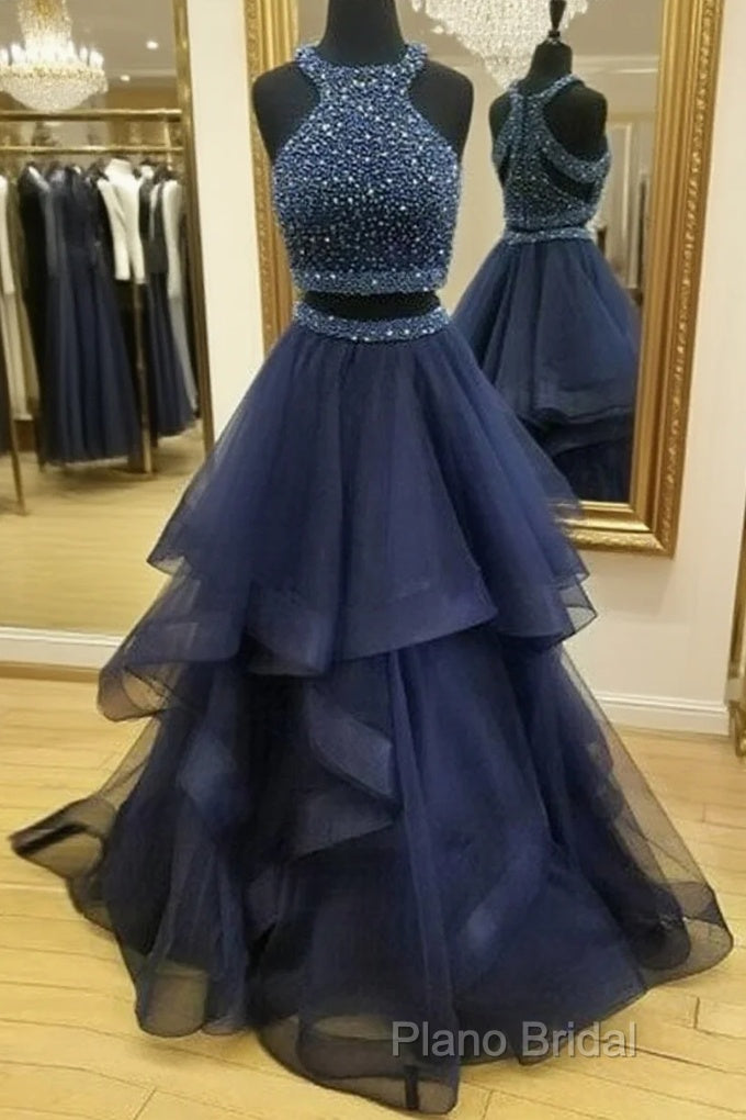 Dark Blue Two Pieces Beads Long Formal Prom Dresses, Formal Dresses Main image
