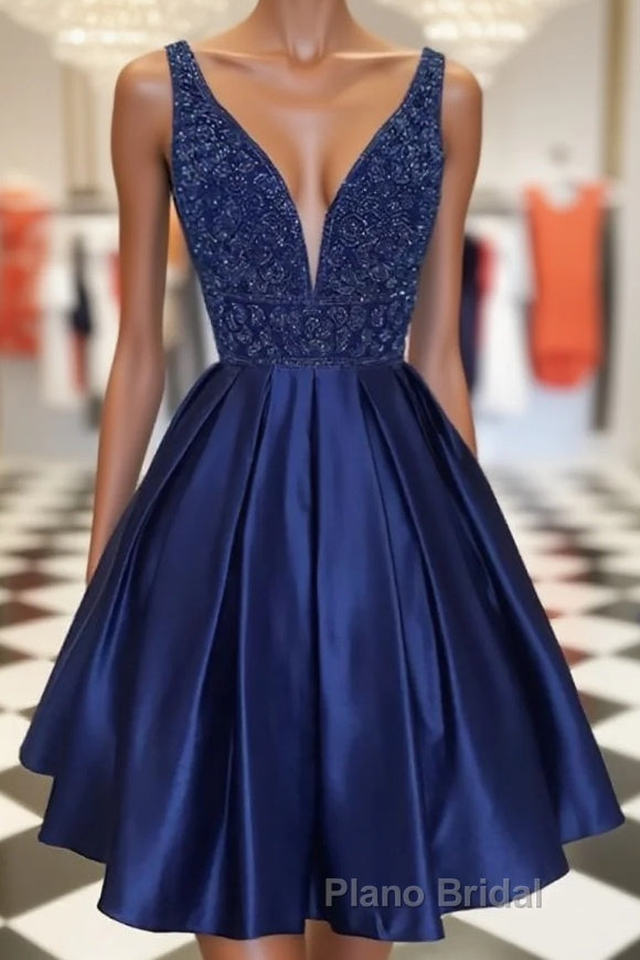 Dark blue v neck beads satin short Formal Prom dress, blue homecoming dress