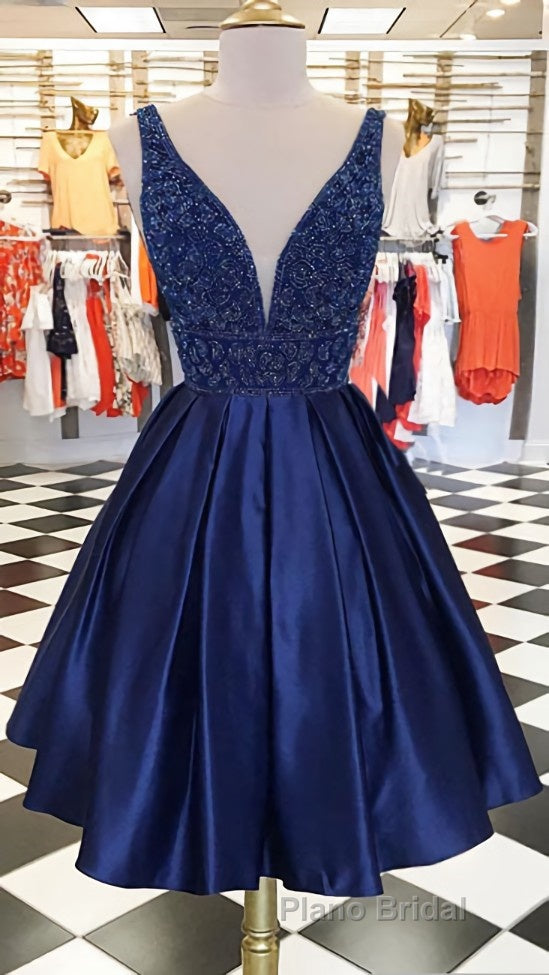 Dark blue v neck beads satin short Formal Prom dress, blue homecoming dress Secondary image