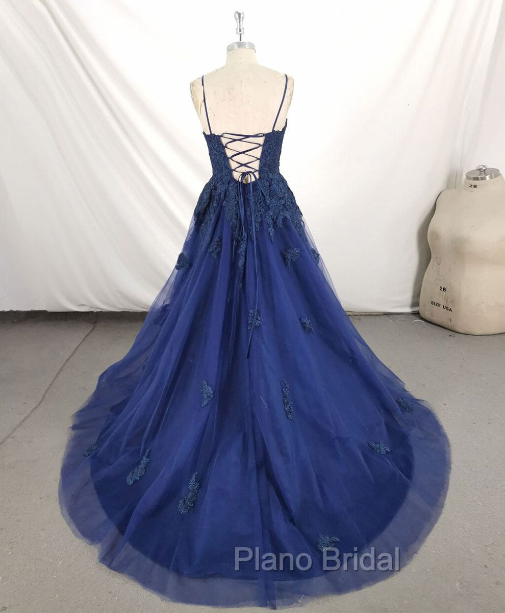 Dark Blue V Neck Tulle Lace Long Formal Prom Dresses Blue Lace Bridesmaid Dresses Secondary image