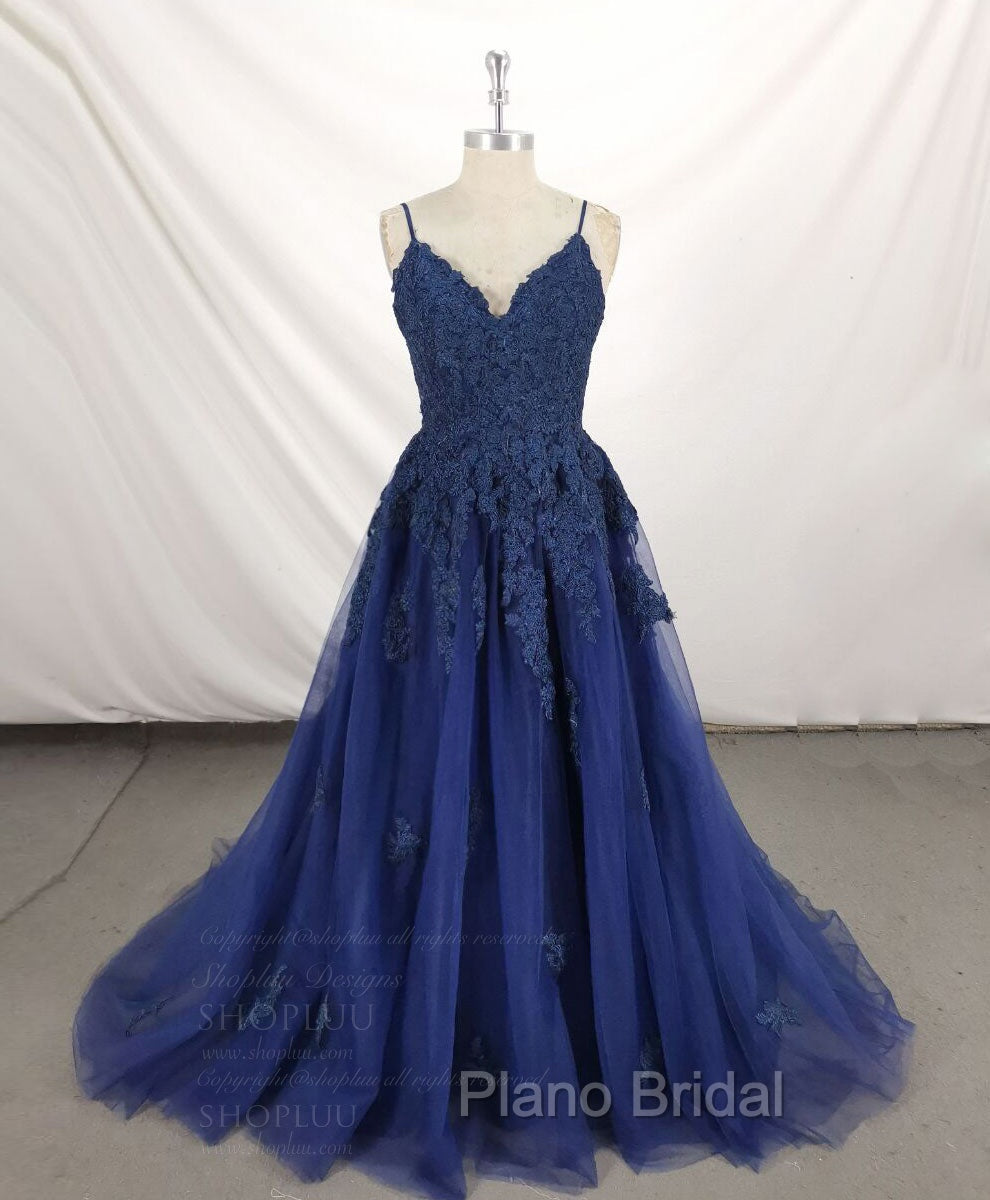 Dark Blue V Neck Tulle Lace Long Formal Prom Dresses Blue Lace Bridesmaid Dresses Main image