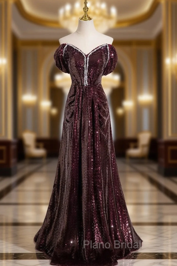 Dark Burgundy Sequins Off the Shoulder Formal Prom Dresses Main image