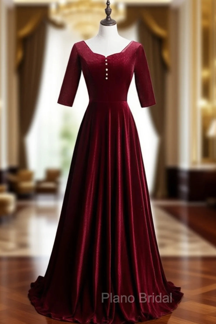 Dark Burgundy Velvet Short Sleeve Formal Prom Dresses With Pearls Main image