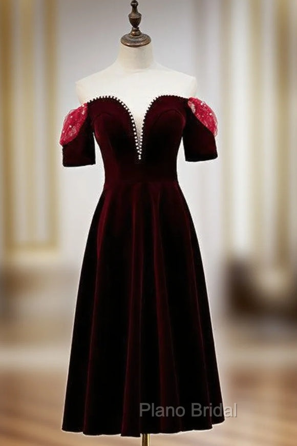 Dark Burgundy Velvet Short Sleeve Tea Length Formal Prom Dresses