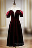 Dark Burgundy Velvet Short Sleeve Tea Length Formal Prom Dresses