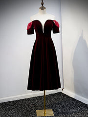 Dark Burgundy Velvet Short Sleeve Tea Length Prom Dress