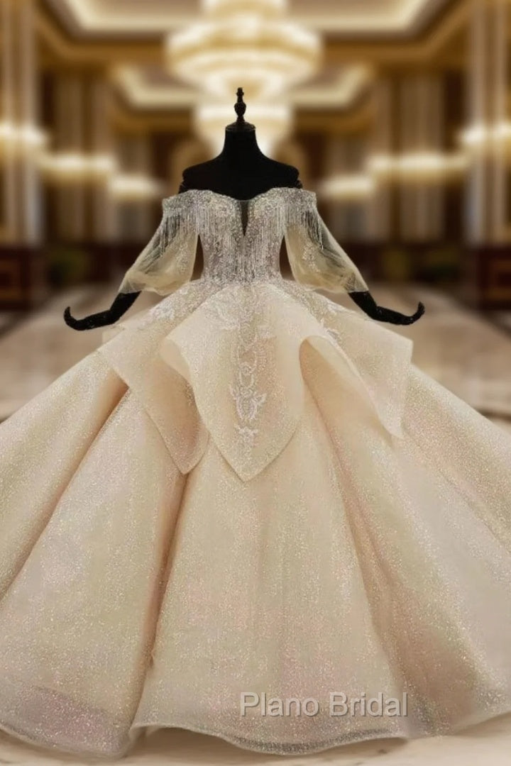 Dark Champagne Tulle Off the Shoulder Puff Sleeve Beading Wedding Dresses Main image