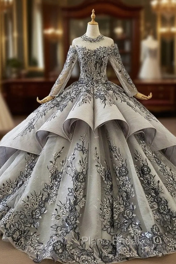 Dark Gray Ball Gown Tulle Embroidery Appliques Long Sleeve Wedding Dresses Main image