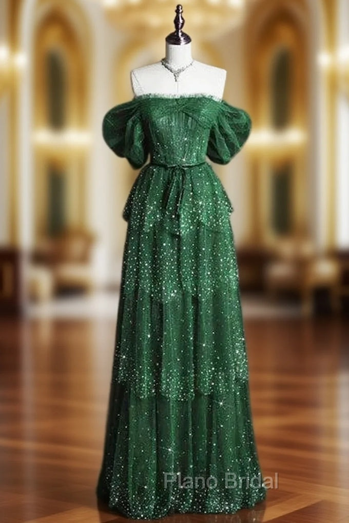 Dark Green A Line Off-the-shoulder Layered Shiny Tulle Formal Prom Dresses Main image