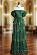Dark Green A Line Off-the-shoulder Layered Shiny Tulle Formal Prom Dresses