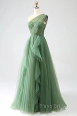 Dark Green A-Line One-Shoulder Sequins Tulle Long Formal Prom Dresses