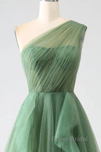 Dark Green A-Line One-Shoulder Sequins Tulle Long Formal Prom Dresses