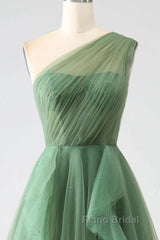 Dark Green A-Line One-Shoulder Sequins Tulle Long Formal Prom Dresses