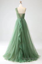 Dark Green A-Line One-Shoulder Sequins Tulle Long Formal Prom Dresses