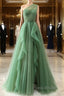 Dark Green A-Line One-Shoulder Sequins Tulle Long Formal Prom Dresses