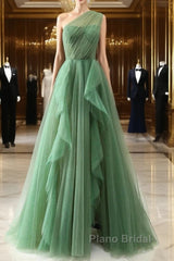 Dark Green A-Line One-Shoulder Sequins Tulle Long Formal Prom Dresses