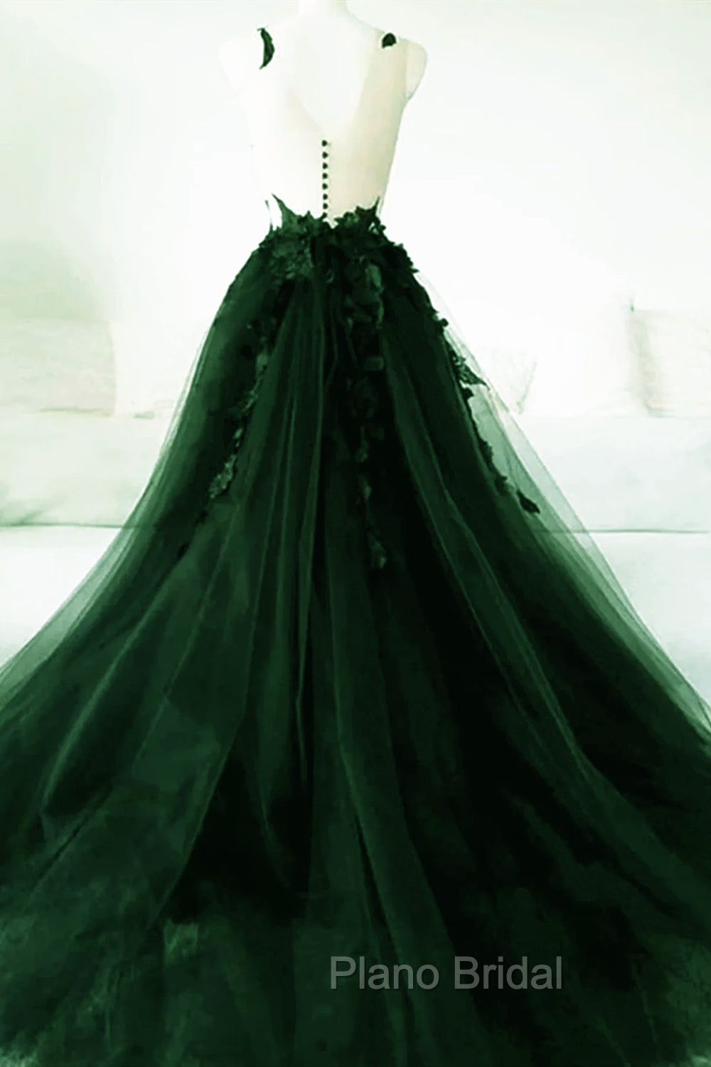 Dark Green A-Line Open Back Tulle Lace Floral Formal Dresses, Green Long Formal Prom Dresses