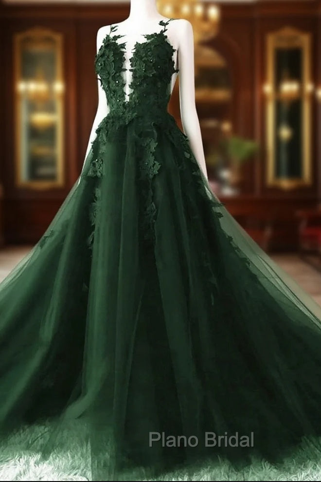 Dark Green A-Line Open Back Tulle Lace Floral Formal Dresses, Green Long Formal Prom Dresses