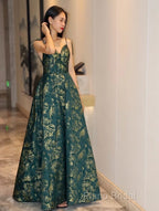 Dark Green A-Line Spaghetti Strap Satin Long Formal Prom Dresses Sweetheart Neckline Retro Bridal Dresses