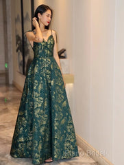 Dark Green A-Line Spaghetti Strap Satin Long Formal Prom Dresses Sweetheart Neckline Retro Bridal Dresses