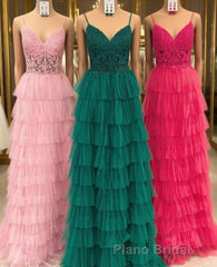 Dark Green A-Line Tiered Tulle Long Formal Prom Dresses with Lace